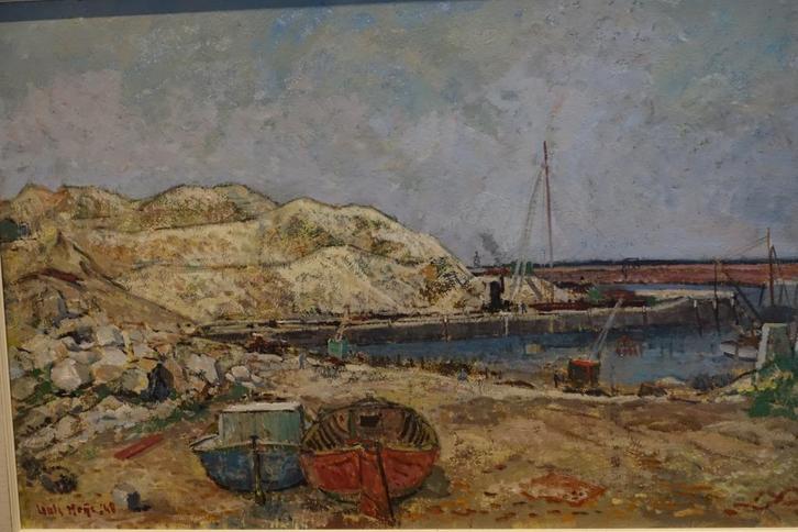 Olieverfschilderij: Haven met boten van Louis Meijs, Antiek en Kunst, Kunst | Schilderijen | Klassiek, Ophalen