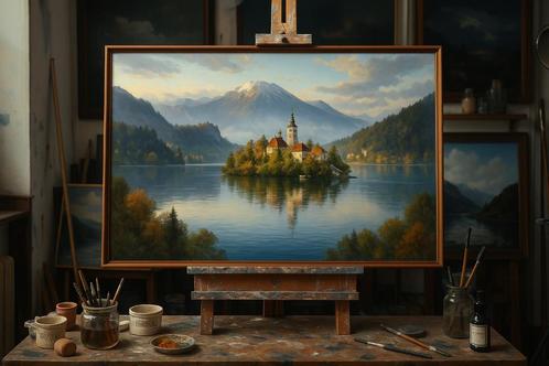 Meer van Bled - olieverf op bestelling, oil painting cancas, Antiek en Kunst, Kunst | Schilderijen | Modern, Ophalen of Verzenden