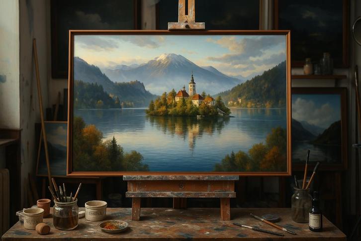 Meer van Bled - olieverf op bestelling, oil painting cancas, Antiek en Kunst, Kunst | Schilderijen | Modern, Ophalen of Verzenden