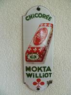 EMAILLE DEURPOSTJE"CHICOREE MOKTA WILLIOT"UIT JAREN 30, Verzamelen, Ophalen of Verzenden, Gebruikt, Reclamebord