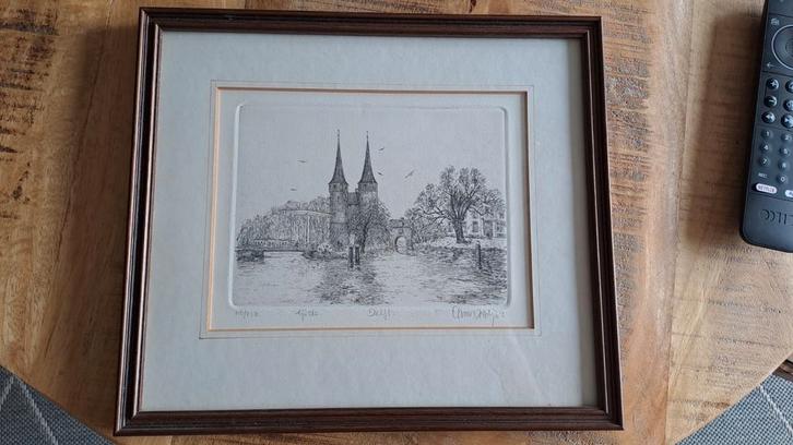 Lijn Ets Tekening Oostpoort Delft Anna Doedijns in lijst., Antiek en Kunst, Kunst | Etsen en Gravures, Ophalen of Verzenden