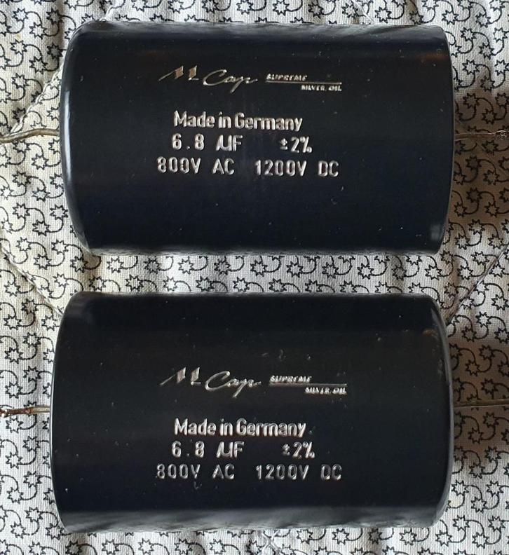 2x Mundorf MCap Supreme Zilver/Olie MKP 6,8 µF condensator., Hobby en Vrije tijd, Elektronica-componenten, Zo goed als nieuw, Ophalen of Verzenden