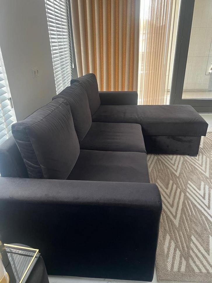 Zwarte Velvet Hoekbank met Opbergruimte, Huis en Inrichting, Banken | Bankstellen, Zo goed als nieuw, Hoekbank, Vierpersoons of meer
