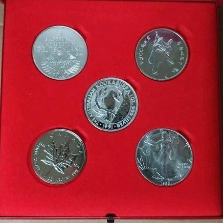 Zilver bullion set 5 x 1 oz Silver Eagle, Maple, Kookaburra, Postzegels en Munten, Edelmetalen en Baren, Zilver, Ophalen of Verzenden