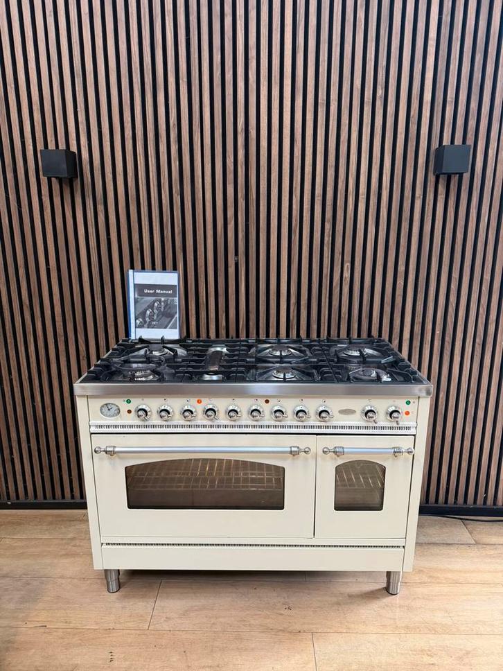 Mooie Crème Boretti Fornuis 120 cm 7-pits (Gratis bezorgen), Witgoed en Apparatuur, Fornuizen, Gebruikt, Vrijstaand, Gas, 5 kookzones of meer