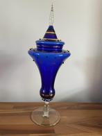 Venetiaanse kobaltblauwe glazen vaas met deksel en goud, Gebruikt, Blauw, Ophalen of Verzenden, Glas