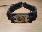 zwarte leren armband plaatje skull & bones, Ophalen of Verzenden, Nieuw, Zwart, Leer