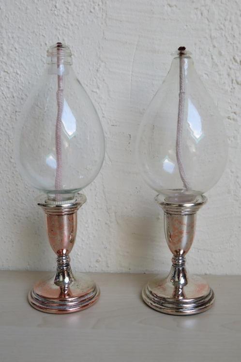 Set vintage olielampjes, glas op verzilverde voet, Antiek en Kunst, Curiosa en Brocante, Ophalen of Verzenden