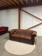 Bruine leren chesterfield bank 3 zits bankstel vitrage, Ophalen of Verzenden