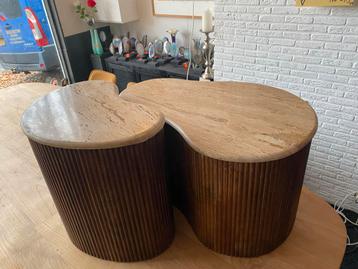 Travertin Salontafel Set met Mangohout bkeuze- 2 Delen beschikbaar voor biedingen