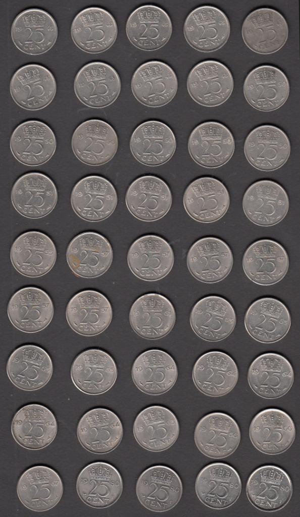Nederland 25 cent (45 stuks) 1948-1980 oa. 9x 1948, 6x 1950, Postzegels en Munten, Munten | Nederland, Setje, 25 cent, Koningin Juliana