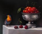 Schilderij Alfonso Moreno roodborstje en kersen op paneel., Ophalen of Verzenden