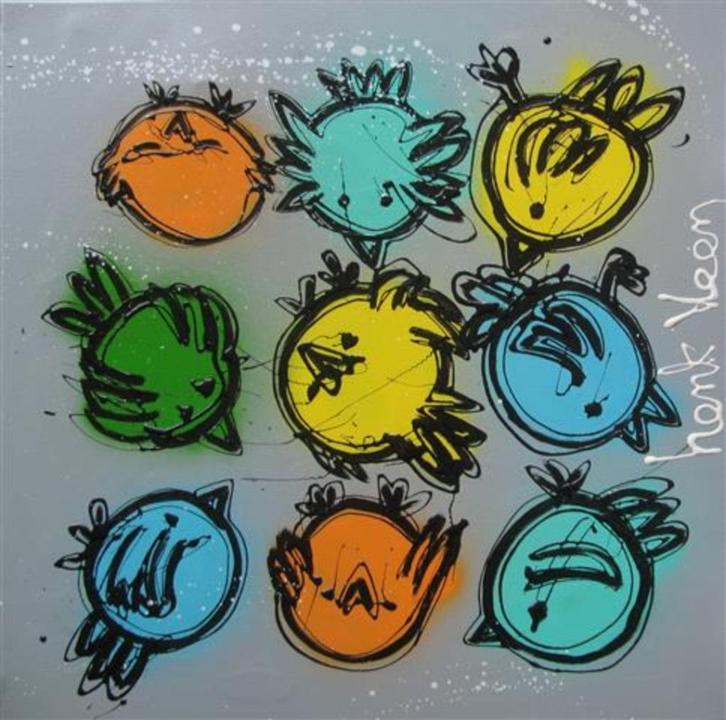Schilderij Henk Veen - Happy Birds nr2, Antiek en Kunst, Kunst | Schilderijen | Modern, Ophalen of Verzenden