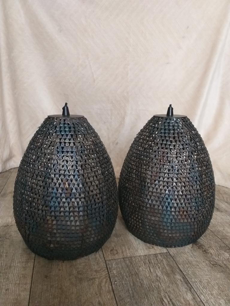 2 industriële metalen hanglampen blauw/groen NIEUWPRIJS e400, Ophalen of Verzenden, Metaal, Minder dan 50 cm