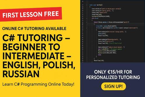 C# Programming Private Tutor – Beginner to Intermediate, Eng, Diensten en Vakmensen, Bijles, Privé-les en Taalles, Bijles, Huiswerkbegeleiding