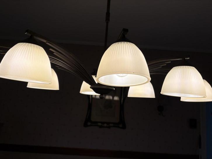 Achtarmige Hanglamp, Huis en Inrichting, Lampen | Hanglampen, Zo goed als nieuw, 75 cm of meer, Glas, Metaal, Ophalen