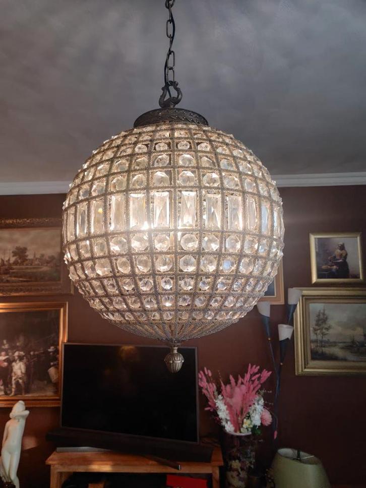 Zware Art Deco kroonluchter– bolvormig kristal ca.55 cm, Huis en Inrichting, Lampen | Kroonluchters, Glas, Metaal, Ophalen