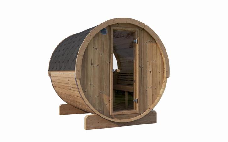 Thermohout barrelsauna gebogen banken met diverse wanden, Sport en Fitness, Sauna, Nieuw, Complete sauna, Fins of Traditioneel