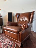 Bruin lederen oorfauteuil, Ophalen, Gebruikt, 50 tot 75 cm, Leer