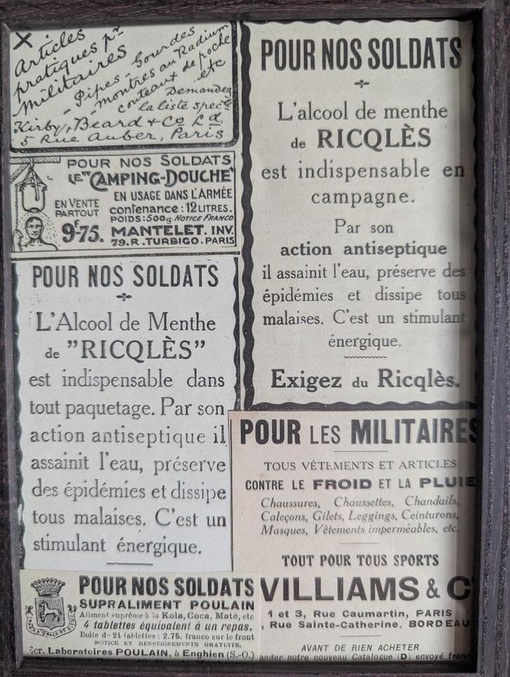 Diverse Franse advertenties voor militairen uit WO1, Verzamelen, Tijdschriften, Kranten en Knipsels, Knipsel(s), Buitenland, Voor 1920
