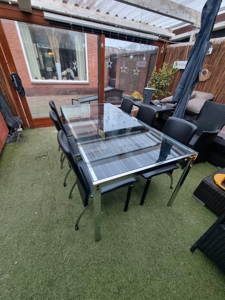Glazen eettafel met stoelen van het disignermerk Castelijn, Huis en Inrichting, Tafels | Eettafels, Gebruikt, 100 tot 150 cm, 150 tot 200 cm