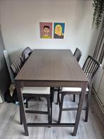 Hoge Donkerbruine Eettafel + 4 stoelen, Huis en Inrichting, Tafels | Eettafels, Ophalen, Gebruikt, 100 tot 150 cm, Donkerbruin Hout