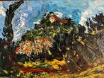 Landschap schilderij olieverf op doek bergdorp mediterraan, Ophalen of Verzenden