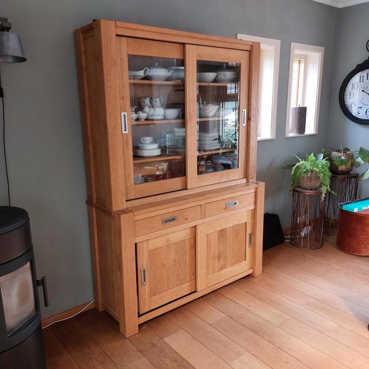 Massief Eiken Kast met Glasdeuren & Schuifdeuren, Huis en Inrichting, Kasten | Buffetkasten, Gebruikt, 150 tot 200 cm, 100 tot 150 cm