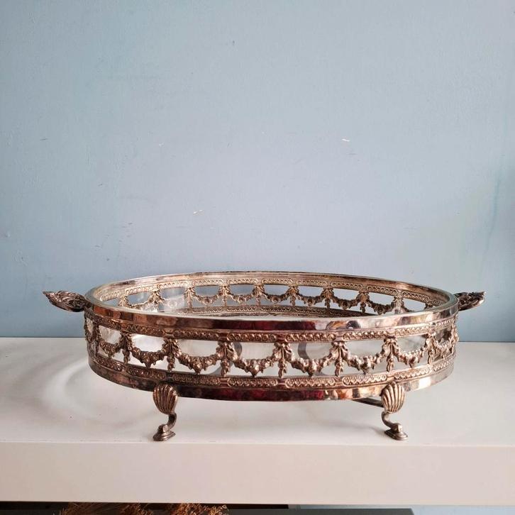 Vintage verzilverde jardinière met glazen schaal, Antiek en Kunst, Antiek | Schalen, Ophalen