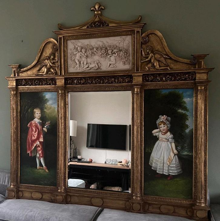 Imposant antiek wandpaneel met spiegel, Antiek en Kunst, Antiek | Spiegels, Rechthoekig, Ophalen