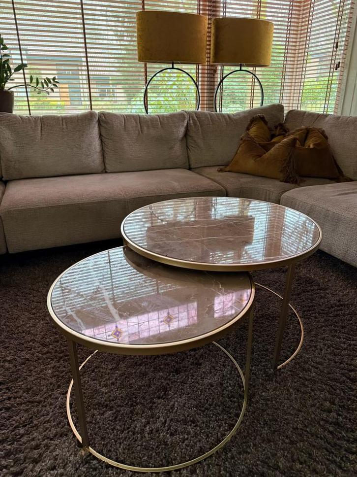 Messing/marmer salontafel set, Huis en Inrichting, Tafels | Salontafels, Nieuw, Minder dan 50 cm, 50 tot 100 cm, Rond, Ophalen
