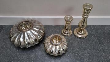2x Prachtig windlicht + 2x kandelaar zilver beschikbaar voor biedingen