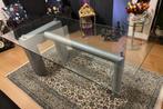 Glazen eettafel met industrieel onderstel, Huis en Inrichting, Tafels | Eettafels, Ophalen, 50 tot 100 cm, Rechthoekig, Metaal