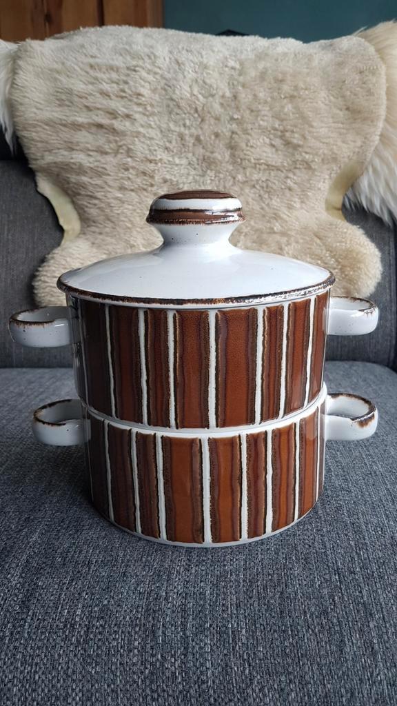 Vintage Bruin Gestreept aardewerk schalenset, Huis en Inrichting, Keuken | Potten en Pannen, Gebruikt, Pannenset, Overige materialen