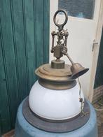 melk glas en koper hanglamp, Ophalen, Gebruikt, Glas, 50 tot 75 cm