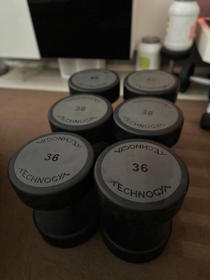 Technogym Dumbbells 32 - 40 kg, Sport en Fitness, Fitnessmaterialen, Zo goed als nieuw, Dumbbell, Armen, Benen, Borst, Buik, Rug