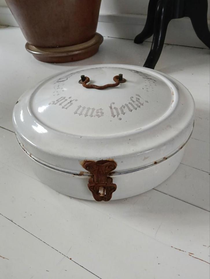 UNIEKE ronde broodtrommel van wit emaille, Antiek en Kunst, Antiek | Emaille, Ophalen of Verzenden