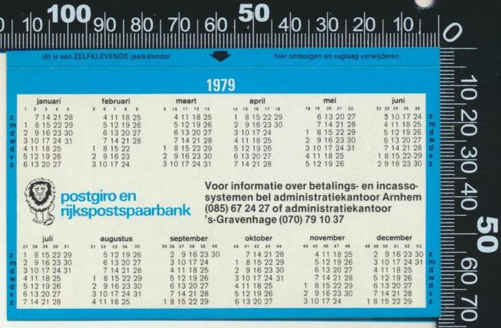 Sticker: Postgiro en Rijkspostspaarbank - Jaarkalender 1979, Verzamelen, Stickers, Zo goed als nieuw, Bedrijf of Vereniging, Ophalen of Verzenden
