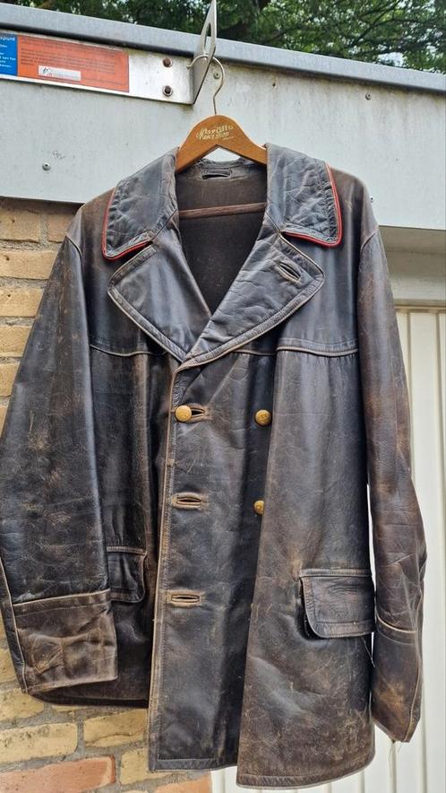 Vintage lederen Postbode jas, Kleding | Heren, Jassen | Winter, Gedragen, Maat 56/58 (XL), Zwart, Ophalen of Verzenden