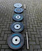 105kg Crossmaxx Competition Bumperplates + Crossmaxx Barbell, Ophalen, Gebruikt, Halterschijven