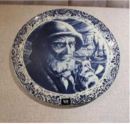 Prachtig Oud Wandbord - Visser met Pijp - Boch - 29cm, Antiek en Kunst, Antiek | Wandborden en Tegels, Ophalen of Verzenden