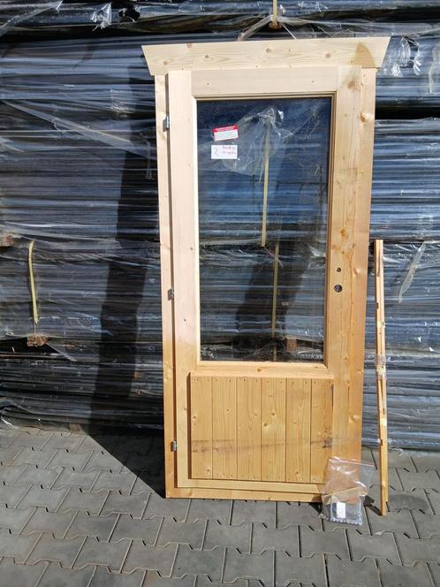 Vuren tuindeur met glas en kozijn 77cm br en 1.83 h, Tuin en Terras, Tuinpoorten, Nieuw, Draaipoort, Hout, 150 tot 200 cm, Ophalen