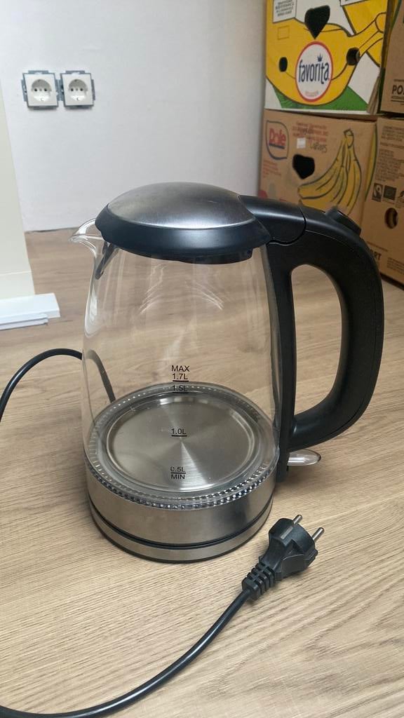 Glazen waterkoker 1.7L, 1 tot 2 liter, Ophalen, Zo goed als nieuw, Rvs
