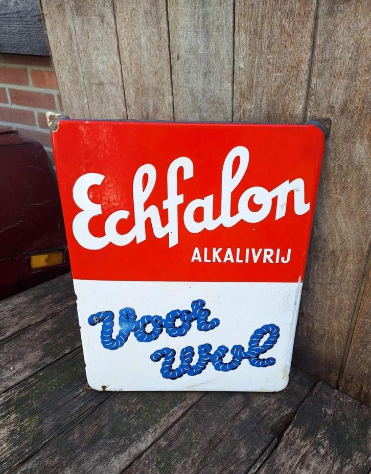 Mooi emaille bord van Echfalon Alkalivrij voor wol🧶, Verzamelen, Merken en Reclamevoorwerpen, Gebruikt, Reclamebord, Ophalen of Verzenden