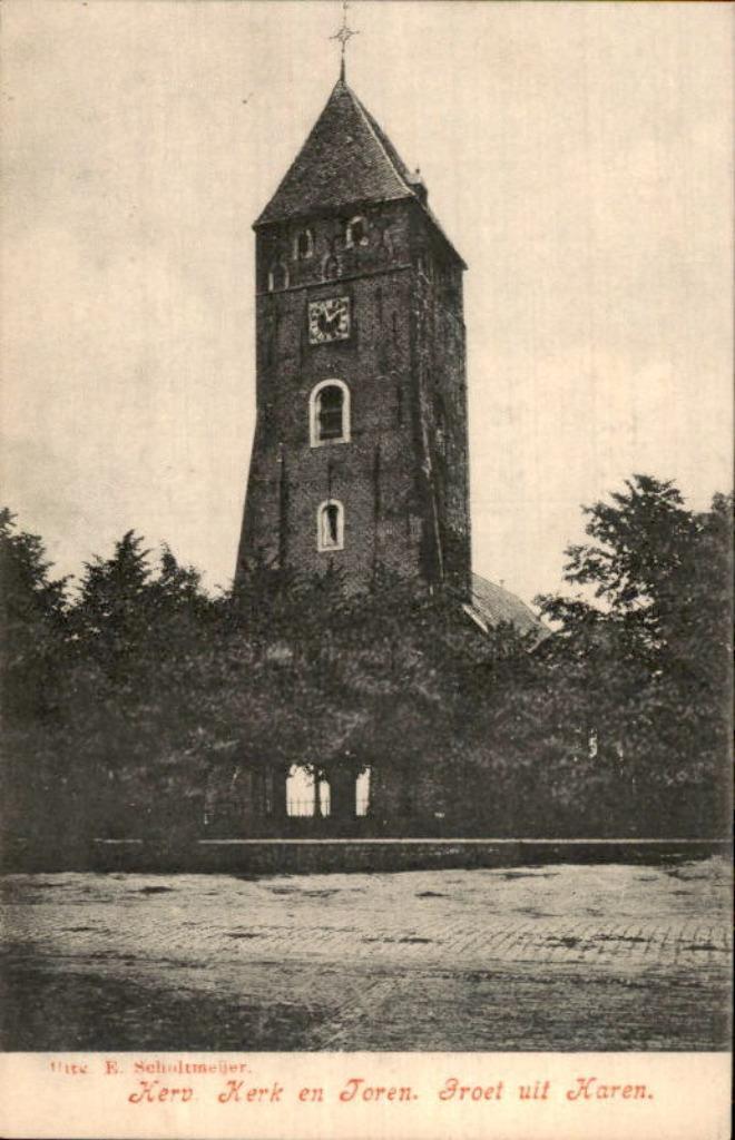 Haren - Groet uit - Herv Kerk en Toren, Verzamelen, Ansichtkaarten | Nederland, Ongelopen, Groningen, Voor 1920, Ophalen of Verzenden