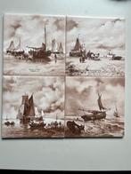 Antieke Tegels Holland J.C. Hunnink Set van 4) Schepen Kust, Ophalen of Verzenden