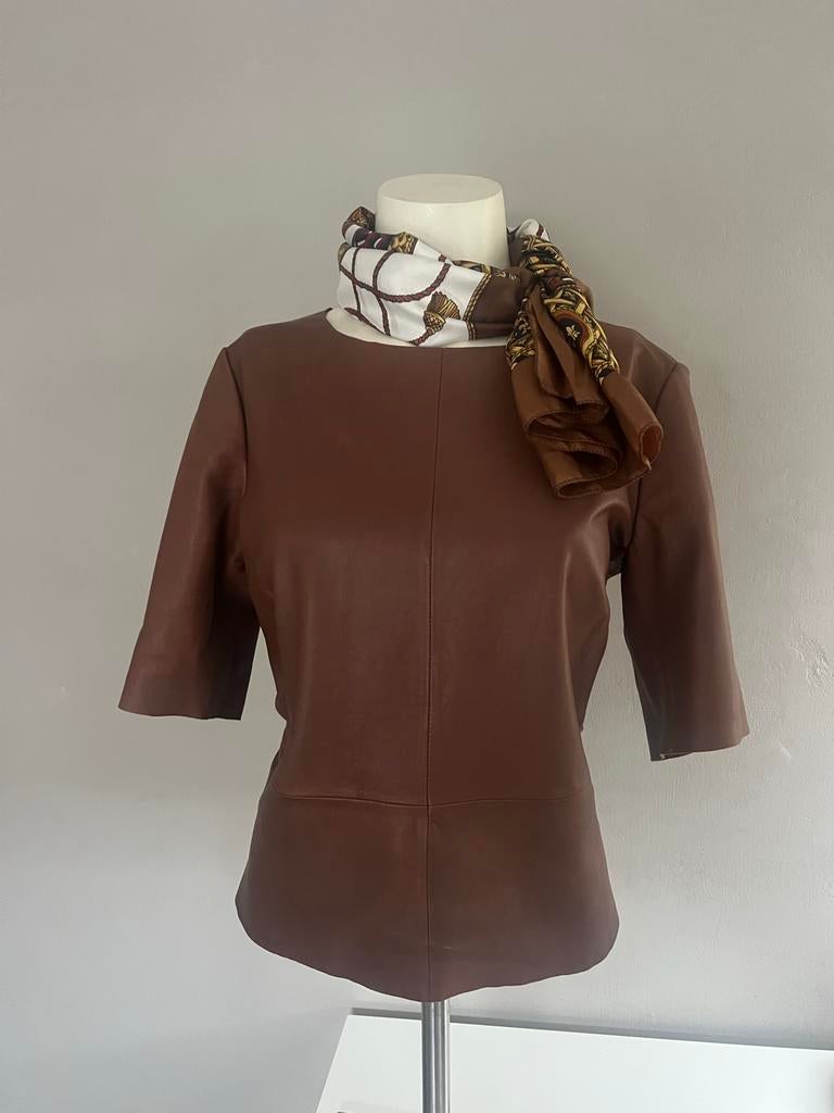 Cognac leren top - maat 40, Kleding | Dames, Tops, Zo goed als nieuw, Maat 38/40 (M), Bruin, Korte mouw, Ophalen of Verzenden