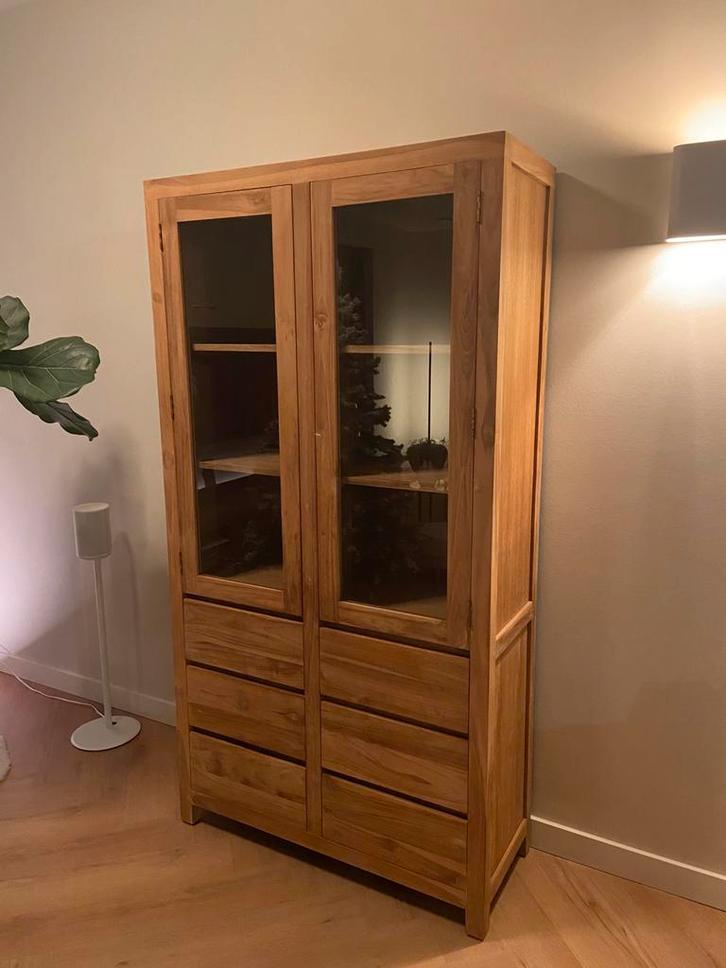 Teak hout vitrine kast, Huis en Inrichting, Kasten | Vitrinekasten, Zo goed als nieuw, 150 tot 200 cm, 50 tot 100 cm, 25 tot 50 cm
