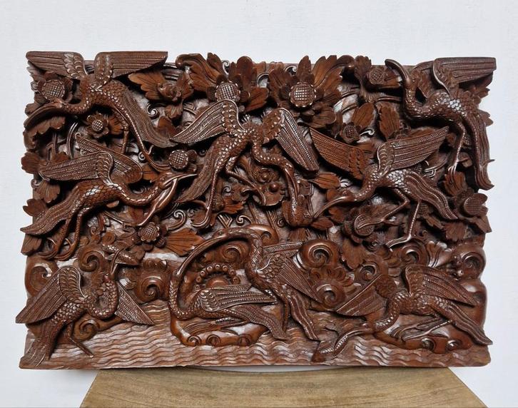 Prachtig Aziatisch Houtsnijwerk met Vogels, Antiek en Kunst, Kunst | Beelden en Houtsnijwerken, Ophalen of Verzenden