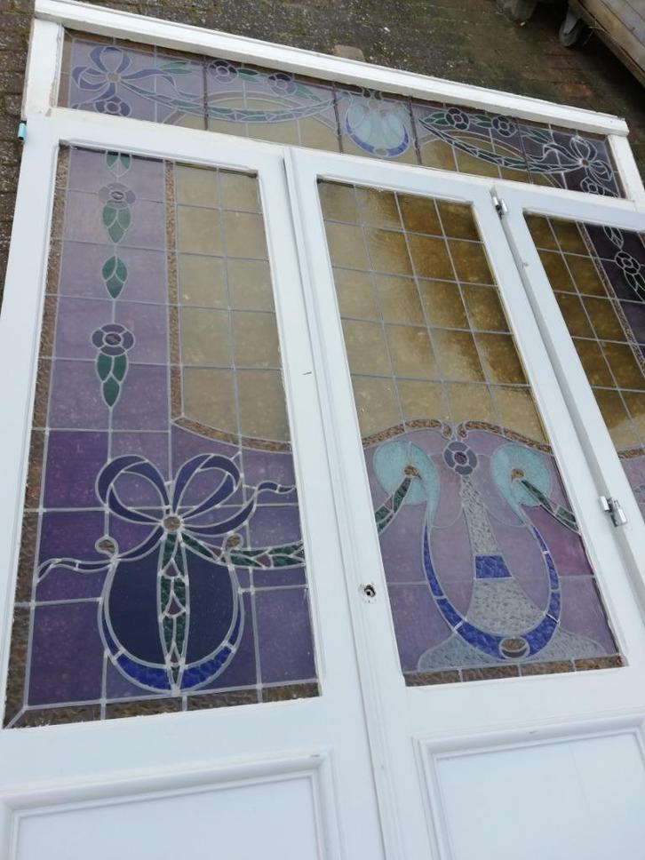 295 hoog x 221/225,5 cm breed prachtige glas in lood deuren, Antiek en Kunst, Antiek | Overige Antiek, Ophalen